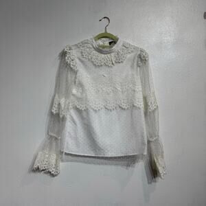 On Twelfth White Lace Long Sheer Sleeve Blouse Sz S